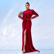 Load image into Gallery viewer, High End Long Sleeve Crew Neck Sexy Long Velvet Cocktail Evening Dress Bridesmaid Dress Women Dress