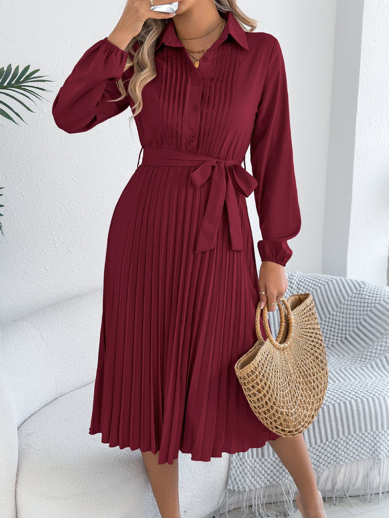 Spring Summer Elegant Solid Color Collared Long Sleeve Cinched Pleated Dress Women Clothing