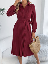 Load image into Gallery viewer, Spring Summer Elegant Solid Color Collared Long Sleeve Cinched Pleated Dress Women Clothing