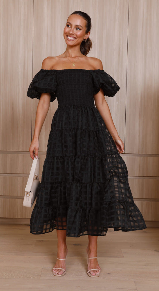 Women One Neck Lantern Sleeve Layer Stitching Dress