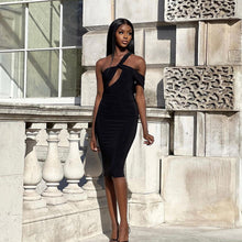 Load image into Gallery viewer, Spring Summer Sheath Dress Solid Color Sexy Cutout Diagonal Collar Elegant Dress