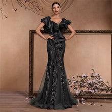Load image into Gallery viewer, Elegant Ruffle Sleeve Sequin Elegant Cocktail Party Dinner Dress Backless Luxury Fishtail Graduation Evening