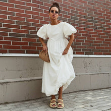Load image into Gallery viewer, Cotton round Neck Puff Sleeve Dress Spring Summer Solid Color Loose Casual Dress for Women