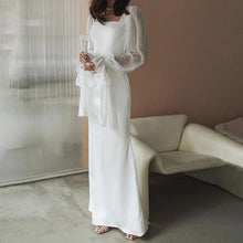 Load image into Gallery viewer, French Square Collar Stitching Mesh Micro Transparent Flared Sleeve Waist Slimming Solid Color Fishtail Dress