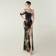 Load image into Gallery viewer, Sequin Mesh Craft Beaded Evening Dress off the Shoulder High Slit Fishtail Dress Swing Cocktail Social Socialite