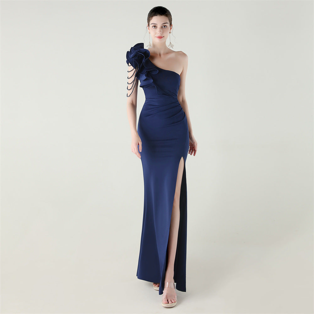 Single Shoulder Craft Beaded Nail Hair Wave Floral Satin High Slit Sexy Evening Dress Evening Cocktail Wedding