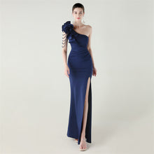 Load image into Gallery viewer, Single Shoulder Craft Beaded Nail Hair Wave Floral Satin High Slit Sexy Evening Dress Evening Cocktail Wedding