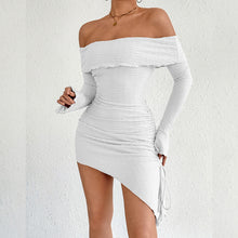 Load image into Gallery viewer, Autumn Winter Women Clothing off Neck Bell Sleeve Sheath Strapless Sexy Dress