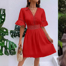 Load image into Gallery viewer, Women Clothing Summer Patchwork Lace V Neck Tight Waist Solid Color Dress