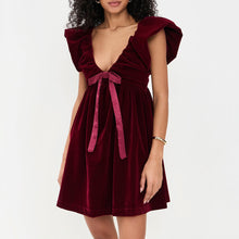 Load image into Gallery viewer, Autumn Winter V neck Bow Pleuche Party Women Dress