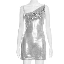 Load image into Gallery viewer, Women Clothing Spring Solid Color Sexy Slim Sleeveless Diagonal Collar Glossy One Shoulder Short Dress