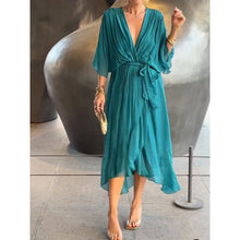 Load image into Gallery viewer, Women Clothing Solid Color Tied Maxi Dress Batwing Sleeve Irregular Asymmetric Dress