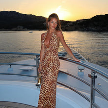 Load image into Gallery viewer, Deep V Plunge Leopard Print Strap Dress for Women Vacation Sexy Slim Fit Halter Backless Maxi Dress