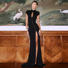 Load image into Gallery viewer, Autumn Winter Women Clothing Solid Color Stand Collar Sexy Cutout Slit Slim Fitting Short Sleeve Elegant Dress