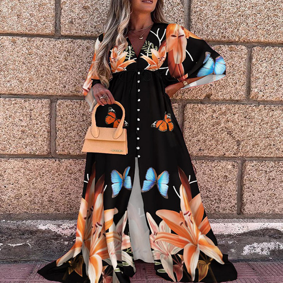 Women Clothing Spring Summer Casual Vacation V neck Printed Dress