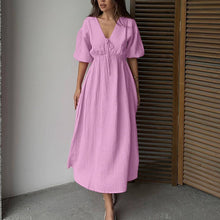 Load image into Gallery viewer, Women Clothing Cotton Double Layer Champray High Waist Dress V neck Puff Sleeve Lace up A line Long Dress