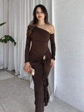 Load image into Gallery viewer, Autumn Elegant Women Single Shoulder Solid Color Long Sleeve Slim Fit Sexy Sheath Pleated Dress