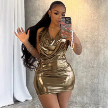 Load image into Gallery viewer, Metallic Glossy Features Swing Collar Sleeveless Halter Dress Backless Sheath Sexy Dress