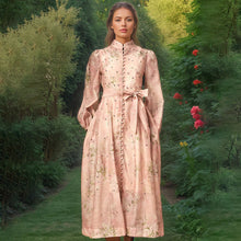 Load image into Gallery viewer, Beautiful Tea Break Dress Spring Summer Small Stand Collar Printed Lace up Waist Slimming Dress Women