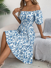 Load image into Gallery viewer, Spring Summer Floral Square Collar Short Sleeve Waist Controlled Ruffled A line Women Clothing
