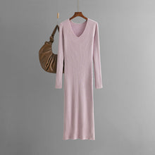 Load image into Gallery viewer, Autumn Winter V neck Knitted Dress Outer Wear Straight Slimming Long Sleeve Sunken Stripe Slit Base Overknee Sweater Dress