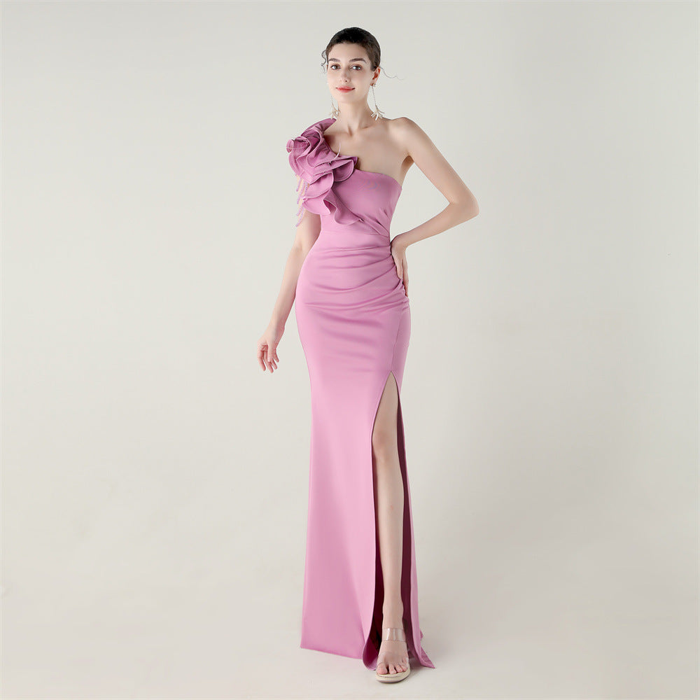 Single Shoulder Craft Beaded Nail Hair Wave Floral Satin High Slit Sexy Evening Dress Evening Cocktail Wedding