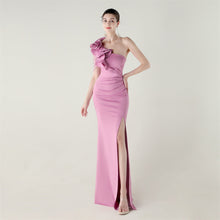 Load image into Gallery viewer, Single Shoulder Craft Beaded Nail Hair Wave Floral Satin High Slit Sexy Evening Dress Evening Cocktail Wedding