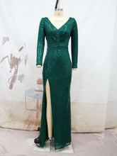 Load image into Gallery viewer, Spring Split Long Sleeve V neck Slim Fit Long Formal Dress Wedding Cocktail Party Multi Color Sequined Evening