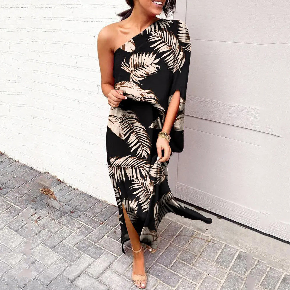 Summer Loose off Shoulder Waist Trimming Printing Dress Women