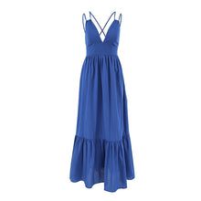 Load image into Gallery viewer, French Vacation Blue Cotton Linen V neck Strap Backless Dress Spring Summer Dress