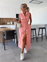 Load image into Gallery viewer, Women Sleeveless Long Tie Waist Single Breasted Denim Dress