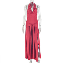 Load image into Gallery viewer, Women Clothing Solid Color Split Elegant Halter Hip Dress Swing Collar Backless Sleeveless Pleated Length Dress