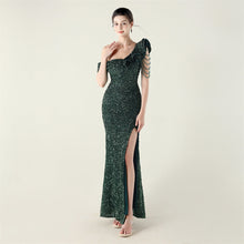 Load image into Gallery viewer, One Shoulder Pleated Ruffled Embellished Beaded Chain Sequined Evening Dress Cocktail Wedding Red Carpet