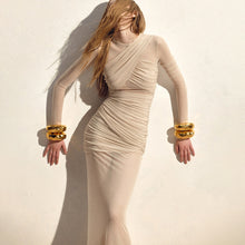 Load image into Gallery viewer, Sexy Mesh See through Maxi Dress Long Sleeve Sexy Pleated Slim Fit Dress