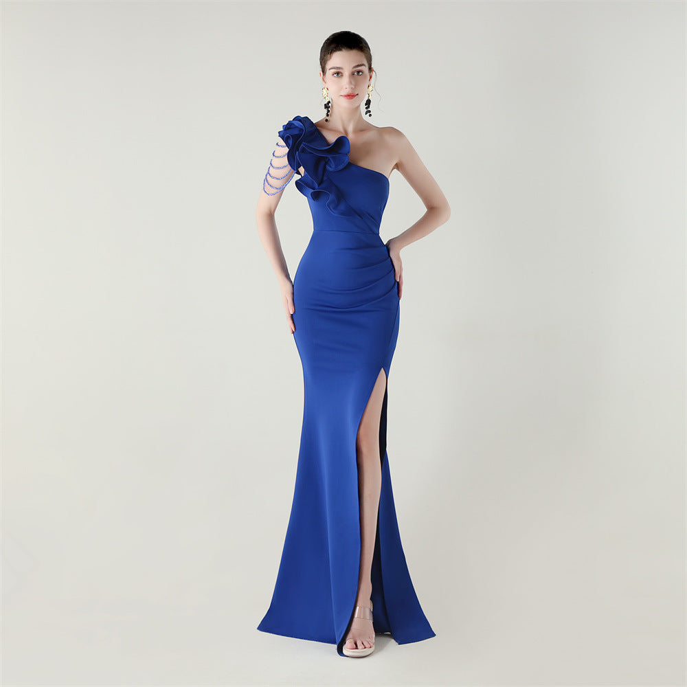One Shoulder Craft Beading Wave Floral Satin High Slit Sexy Evening Dress Dinner Party Wedding Social