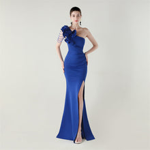 Load image into Gallery viewer, One Shoulder Craft Beading Wave Floral Satin High Slit Sexy Evening Dress Dinner Party Wedding Social