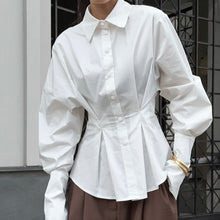 Load image into Gallery viewer, Court White Cotton Shirt Women Light Luxury Pleat Waisted Slim-Fit Long-Sleeved Collared Shirt