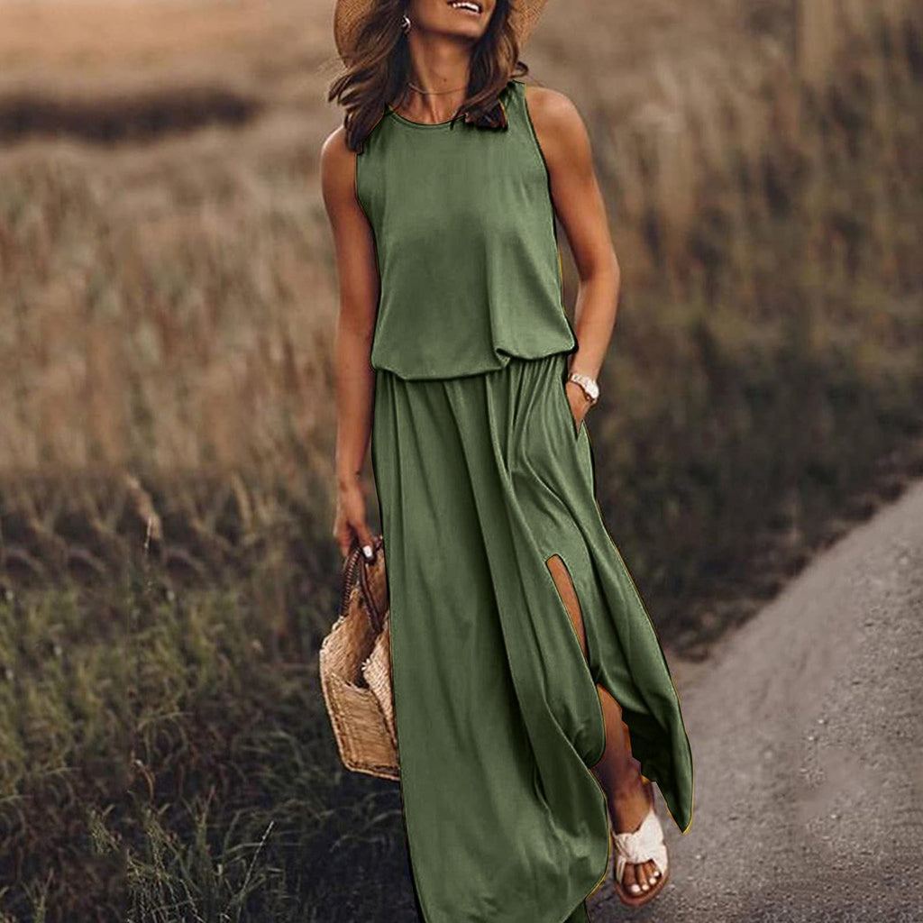 Spring Summer Women Clothing round Neck Sleeveless Dress Split Solid Color Casual Office Dress