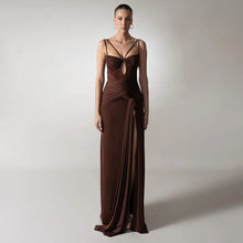 Load image into Gallery viewer, Dress Sexy Slim Fit Maxi Dress Backless Brown Pleating Ribbon Dress