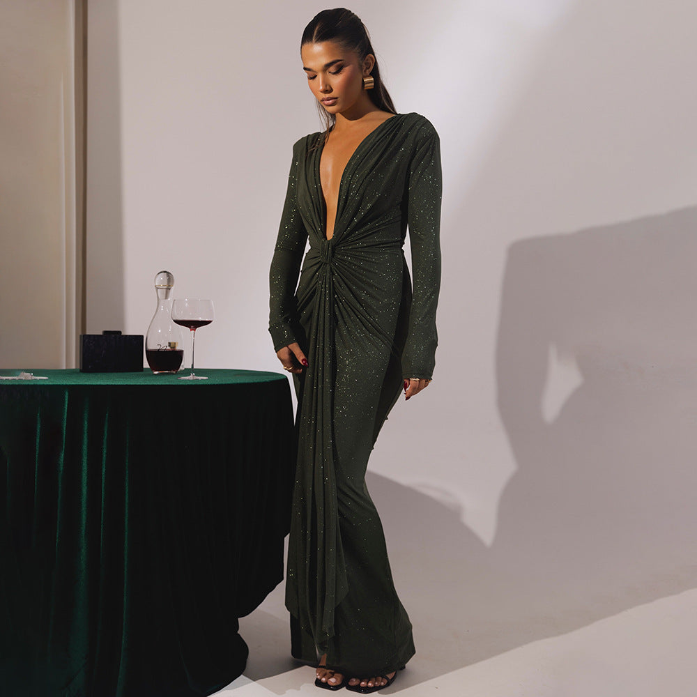 Sexy Slim Fit Deep V Plunge neck Dress Pleated Lace up Long Sleeve Sheath