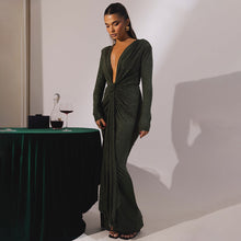 Load image into Gallery viewer, Sexy Slim Fit Deep V Plunge neck Dress Pleated Lace up Long Sleeve Sheath