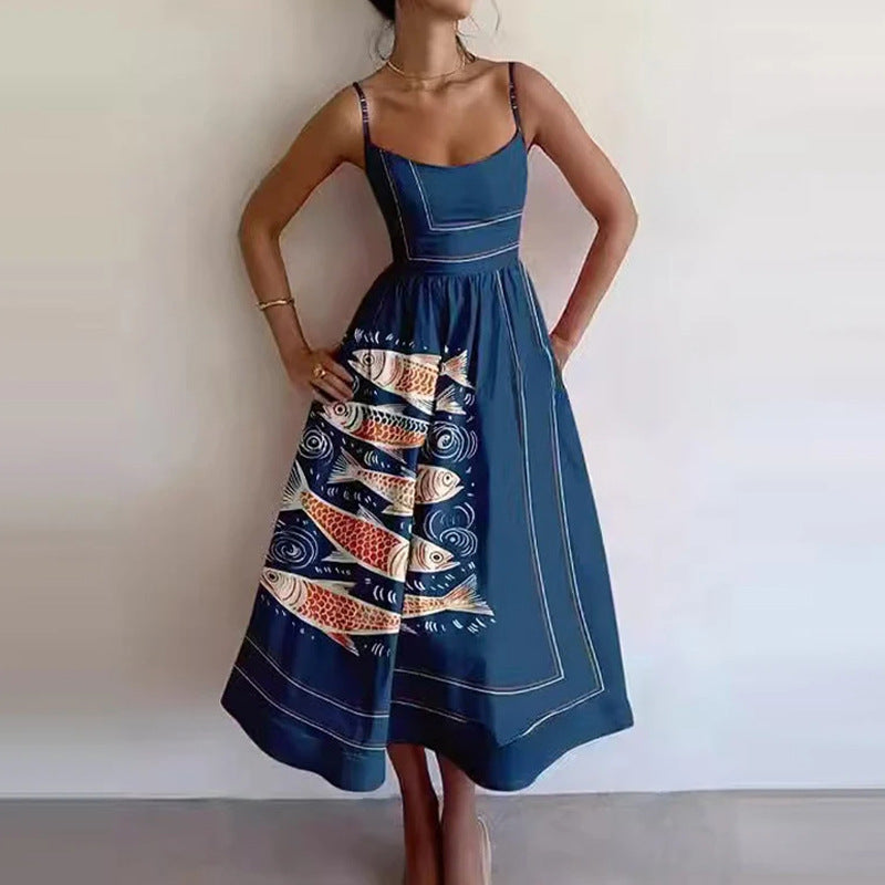 Spring Women Clothing Printing Pleated Waist Tight Large Swing Sling Dress