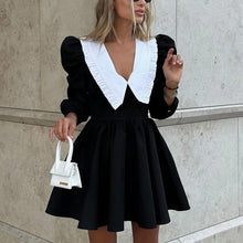 Load image into Gallery viewer, Spring Autumn French Black White Contrast Color Doll Collar Short Dress Women Elegant Pleated A line Dress