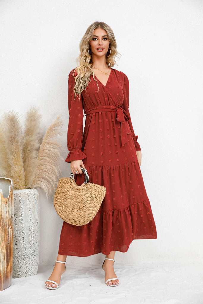 Autumn Winter Solid Color Wide Hem Casual Dress Women Clothing Maxi Dress