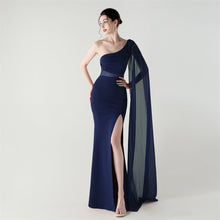 Load image into Gallery viewer, Single Shoulder Crossbody Stitching Mesh Design Satin Slim Cocktail Dress Evening Dress