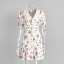 Load image into Gallery viewer, French V neck Puff Sleeve Dress Summer Waist Trimming Printing Short Dress Ruffled Dress