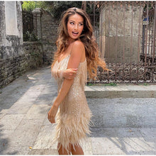 Load image into Gallery viewer, Tassel Sequ Multi Color Birthday Party Sexy V neck Strap Feather Stitching Gown Dress