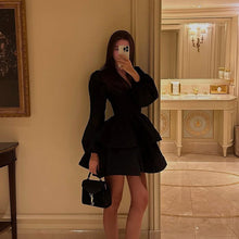 Load image into Gallery viewer, Women Clothing Spring Autumn Puff Sleeve A line Dress V neck Waist-Controlled Black Pettiskirt