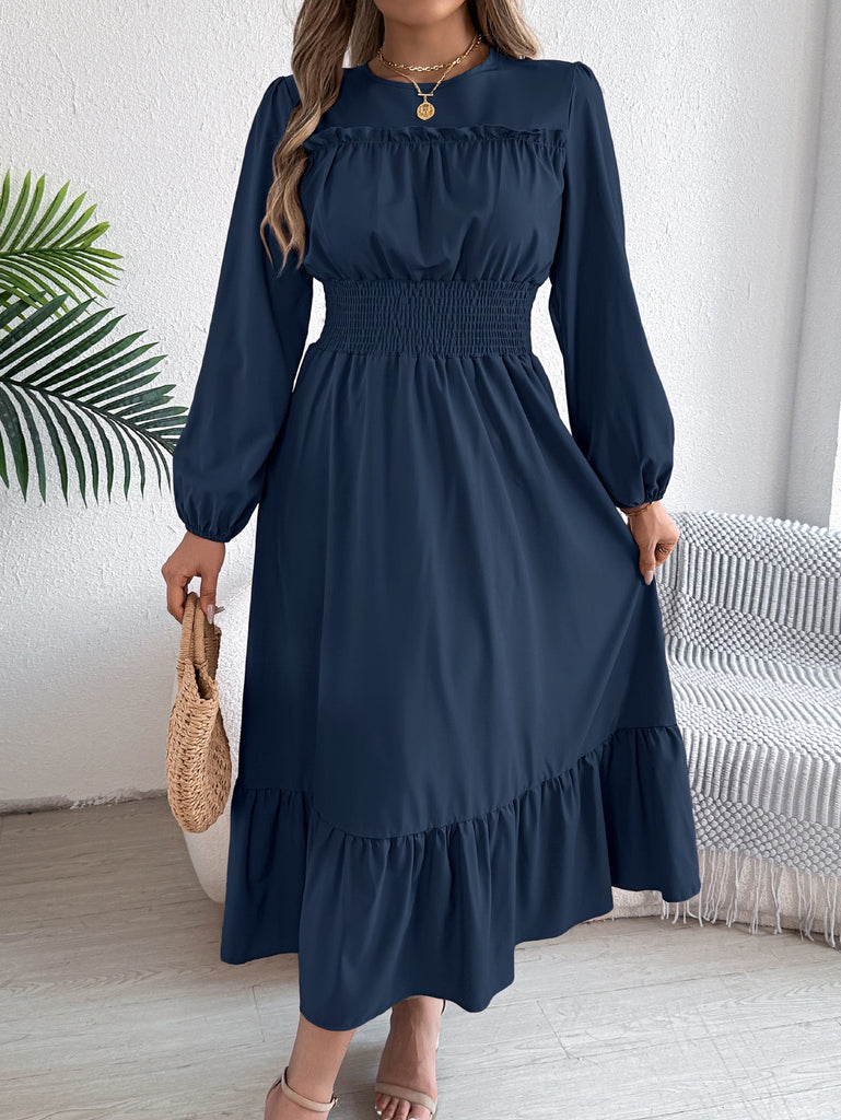 Autumn Winter Solid Color Elegant Wooden Ear Cinched Pleated Maxi Dress Women Clothing