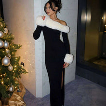 Load image into Gallery viewer, Autumn Winter Women Sexy Fur Collar Stitching Slim Fit Oblique Shoulder Color Matching Long Sleeve Elegant Dress